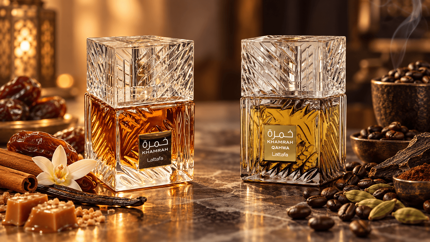 A visual comparison of Lattafa Khamra and Khamra Qahwa perfumes.