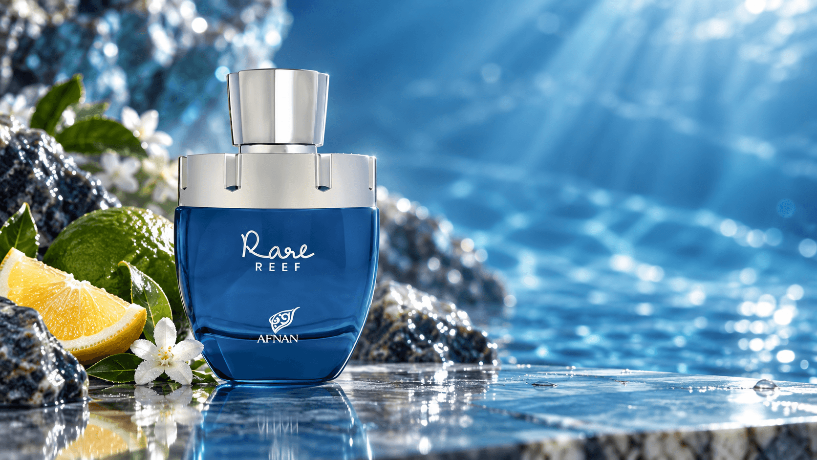 Afnan Rare Reef perfume bottle on a desk